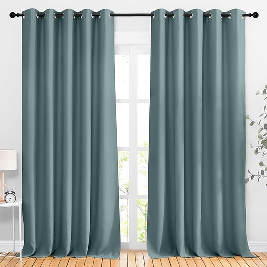 NICETOWN Room Darkening Curtains Extra Long 110 Inches, Grommet Thermal Insulated Weighted Window Treatments for Living Room/Farmhouse, W66 x L110, Greyish Blue, 2 Panels