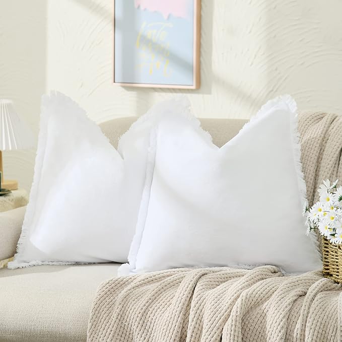 ZWJD Pillow Covers 26x26 Set of 2 White Throw Pillow Covers with Fringe Chic Cotton Decorative Pillows Square Cushion Covers for Sofa Couch Bed Living Room Farmhouse Boho Decor