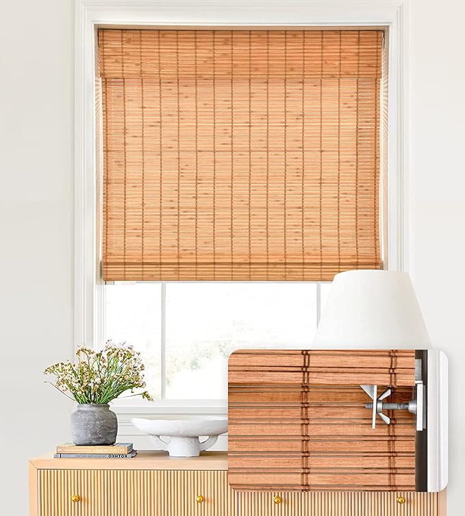 LazBlinds No Tools No Drill Cordless Bamboo Roman Shades, Light Filtering Window Treatment, Roll Up Bamboo Blinds for Windows 27'' W x 64'' H, Wood