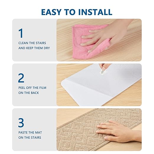 Stair Treads for Wooden Steps Indoor, 8" X 30" Non Slip Carpet Stair Treads with Reusable Adhesive for Kids Elders and Dogs, Surface Polyester TPR Backing Stair Rugs -4 Pack