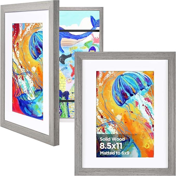 KINLINK 8.5x11 Kids Art Frame Set of 2, Solid Wood Kids Artwork Frames Changeable with Front Opening Hold 150 Pictures, Art Frames for Kids Art with Mat，without Mat 8.5x11 Picture Frame Grey