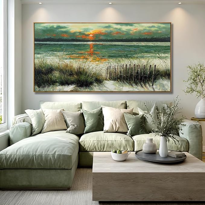Large Abstract Green Framed Canvas Wall Art,Neutral Sunrise Beach Sea Ocean Pictures,Modern Minimalist Artwork for Living Room,Bedroom,Dining Room,Office-29 x58