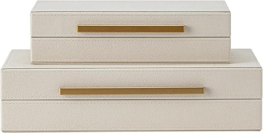 Set of 2 Beige Shagreen Decorative Storage Boxes with Gold Metal Handles – Faux Leather Jewelry & Memory Boxes, Nesting Photo Organizers for Home Decor