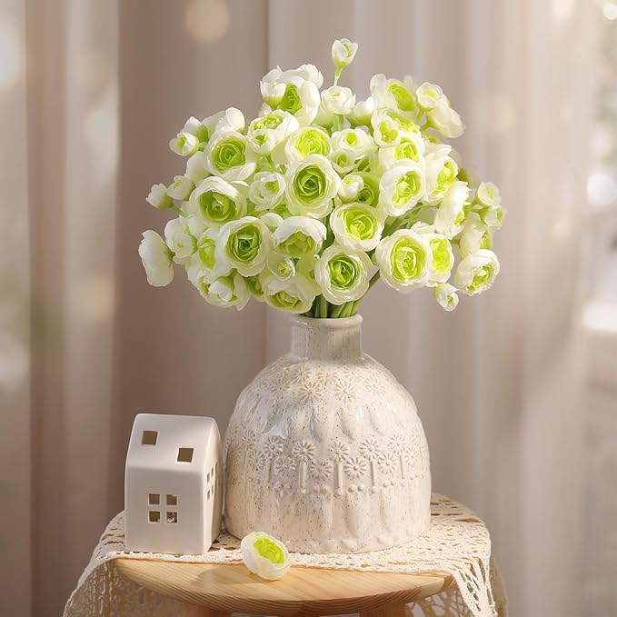 Alupssuc 30Pcs Ranunculus Artificial Flowers Faux Silk Mini Ranunculus, Spring Flowers Artificial Indoor for DIY Bouquets, Bulk Fake Wedding Filler Flowers for Bride Decorations & Arrangements, Green