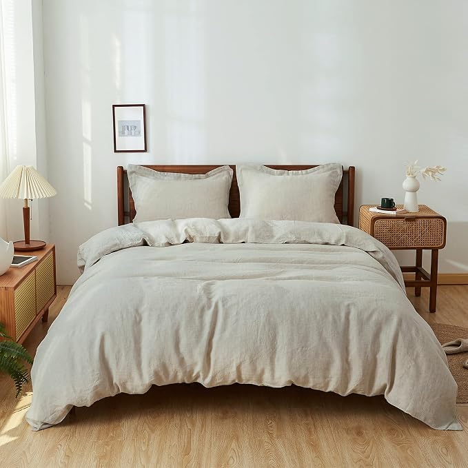 Simple&Opulence 100% Linen Duvet Cover Set 3pcs Basic Style Natural French Washed Flax Solid Color Soft Breathable Farmhouse Bedding with Button Closure - Linen, Queen
