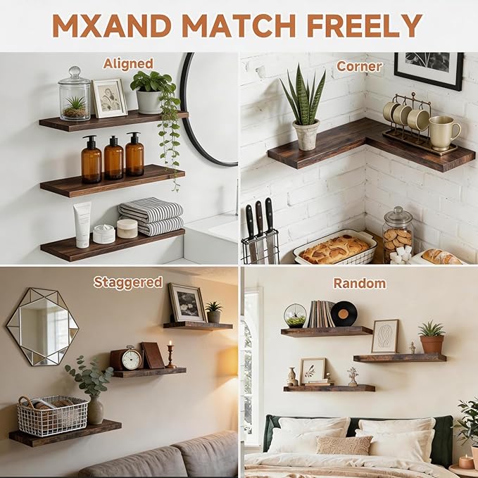 LifetimeWarranty Easy Install Floating Shelves,15.7 Inch Wall Mounted Wooden Floating Shelves, Small Wall Shelf for Storage&Home Decor, Living Room, Kitchen, Office, Corner Shelf for Bathroom,Set of 3