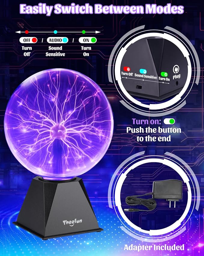 Theefun Plasma Ball, 8 Inch Huge Plasma Globe Birthday Gifts Touch & Sound Sensitive Ball Lamp Electric Lightning Novelty Light for Parties, Home, Prop, Room Decoration, Purple
