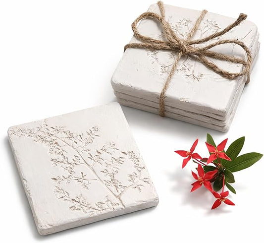 Ceramic Coasters Set of 4 – White Vintage Engraved Flower Design, Non-Slip Cork Base Coasters for Coffee Table, Bar & Home Decor