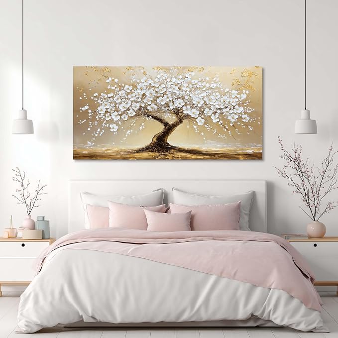 Ggaafet White FLower Tree Wall Art for Bedroom Canvas Oil Painting Prints Beautiful Gold Floral Blooming Art Deco Modern Artwork Office Family Dining Room Decor