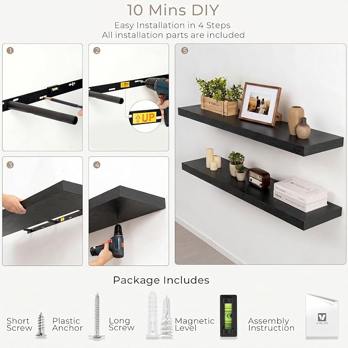 Vivelove Black Floating Shelves for Wall with Invisible Brackets, Long Floating Shelves for Bedroom Bathroom Living Room Kitchen Office,40”X 8" X 1.4", Set of 2 - Black