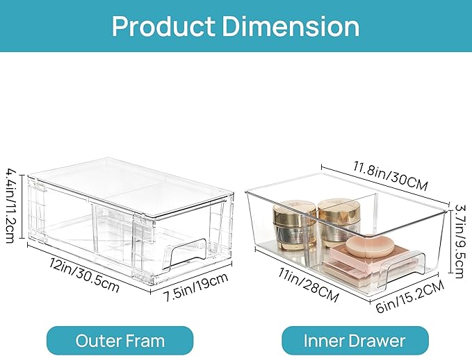 Vtopmart 4 Pack Stackable Storage Drawers,Clear Acrylic Drawer Organizers with Handles, Easily Assemble for Fridge, Bathroom,Kitchen Undersink,Cabinet,Pantry Organization and Storage
