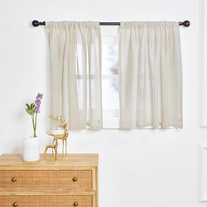 Solino Home 100% Pure Linen Sheer Curtain 36 Inches - European Flax Light Natural Curtain 52 x 36 Inch - Light Filtering Window Treatment Panel for Kitchen, Cafe, Bedroom, Living Room - 1 Panel