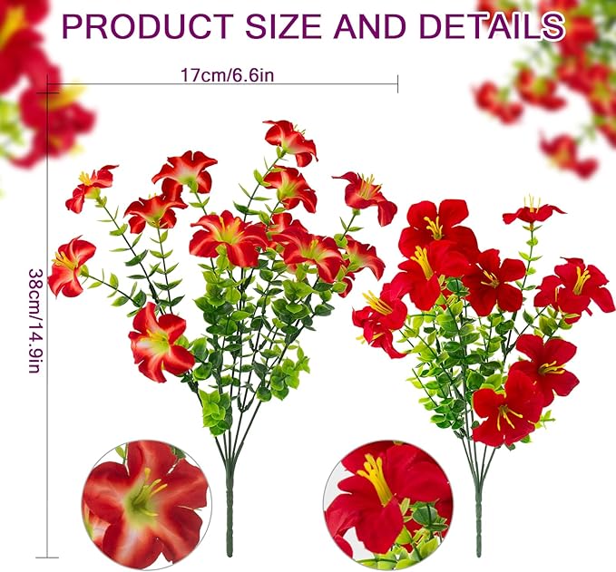Daynight 32 Pcs Faux Petunias Artificial Flowers Plants for Outdoor Plant Decoration, UV Resistant Fake Petunias Realistic Silk Flowers for Porch Yard Garden Window Decor (32, Red)