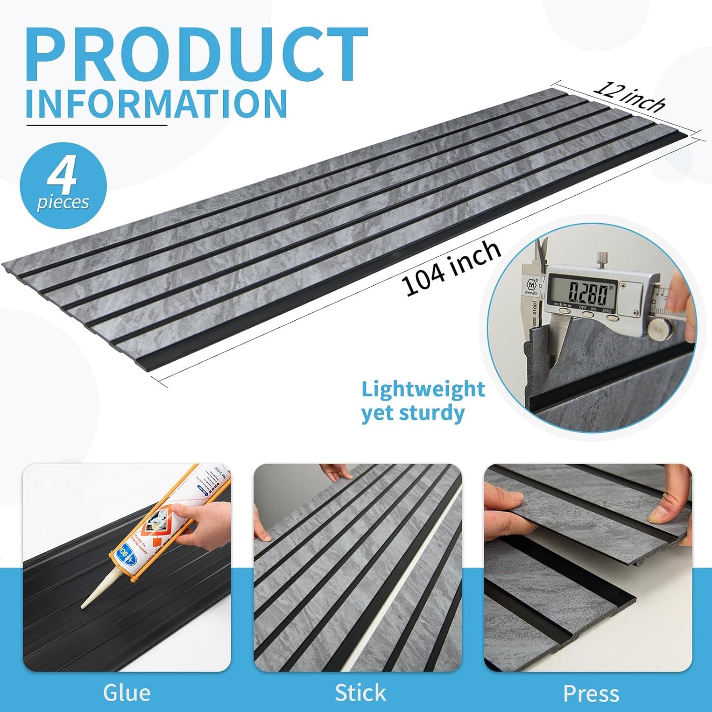 Art3d 4-Pack Glue-On Six-Grid Wainscoting Panel for Interior Wall Decor - 104 x 12 Inch Polystyrene Ultralight Slim Slat Wall Panels for Living Room Bedroom, Granite