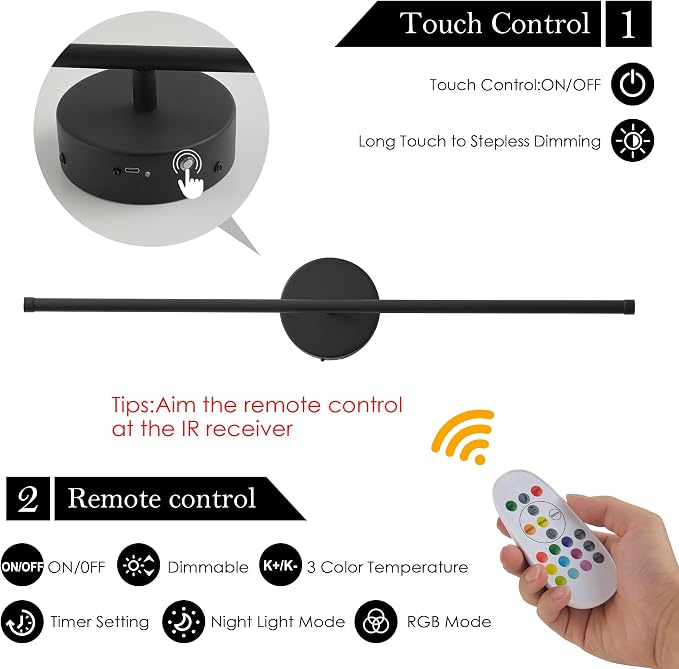 KARTOOSH Battery Operated Wall Sconces Set of Two, with Remote Control, Dimmable, Warm White/Natural White/Daylight/RGB, 350°Rotate, LED Black Wireless Wall Light for Living Room, Bedroom, 24.4 Inch
