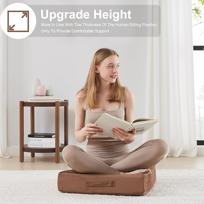 JKMAX 22 inches Floor Pillow for Adults - Large Meditation Cushion with Thick Foam & Soft Tufted Cover - Premium Outdoor Square Floor Cushion Seat - Yoga Pillows for Sitting On Floor - Coffee