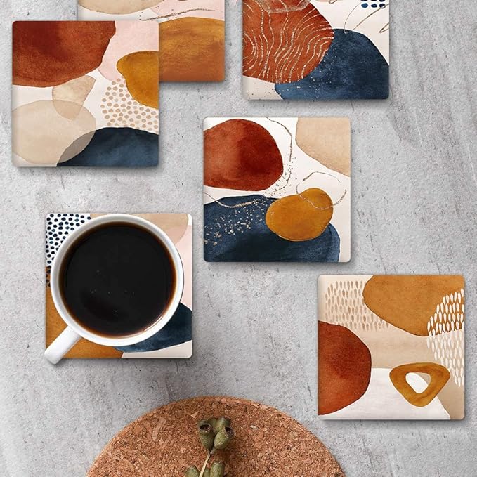 Drink Coasters for Drinks Set of 6, Terracotta Navy Orange and Gold Abstract Modern Art Absorbent Square Ceramic Stone Mat Coaster, with Cork Base and Metal Holder, Home Bar Decor House Warming Gift
