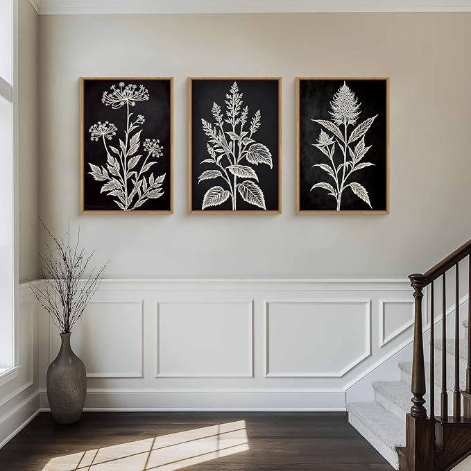 HPNIUB Black and White Sketch Floral Framed Canvas Wall Art Set,Vintage Minimalist Botanical Flower Wall Decor,Modern Moody Wildflower Leaf Artwork for Living Room, Bedroom,Office-16 x24 x3