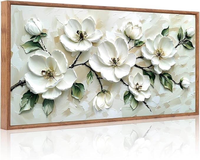 CHDITB 3D White Magnolia Floral Impasto Relief Textured Framed Canvas Wall Art Set, Neutral Beige Minimalist Wall Decor, Modern Texture Art Prints for Living Room Hallway Bedroom Home Decor 40"x20"