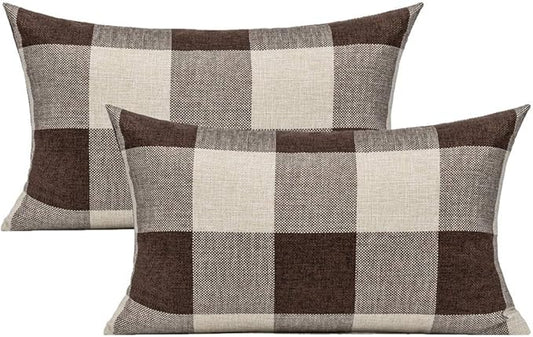 VAKADO 12x20 Inch Set of 2 Buffalo Plaids Decorative Throw Pillow Cases Farmhouse Retro Checkers Lumbar Rectangle Cushion Covers Home Decor for Sofa Couch, Brown/Coffee