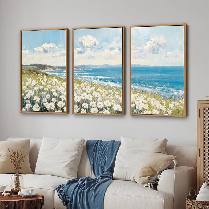 KYLESONLIE Large Summer Wildflower Framed Canvas Wall Art, Cozy White Daisy Wall Decor, Impressionist Coastal Art Paintings, Pastel Seaside Landscape Artwork for Living Room Bedroom Office 16"x24"x3