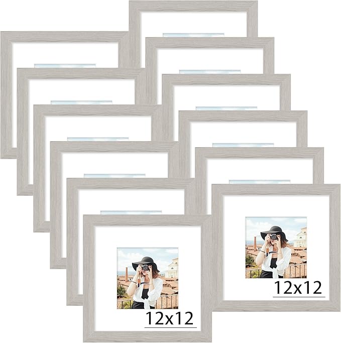 Picrit 12x12 Picture Frame Set of 12, Display 8x8 with Mat or 12 x 12 without Mat, Photo Frames for Wall Mounting Display, Gray