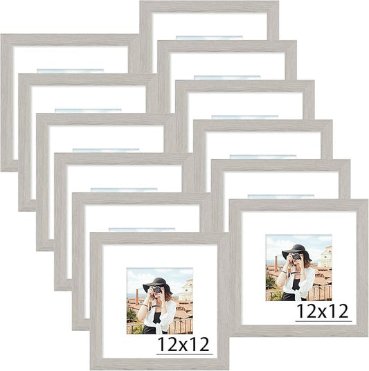 Picrit 12x12 Picture Frame Set of 12, Display 8x8 with Mat or 12 x 12 without Mat, Photo Frames for Wall Mounting Display, Gray