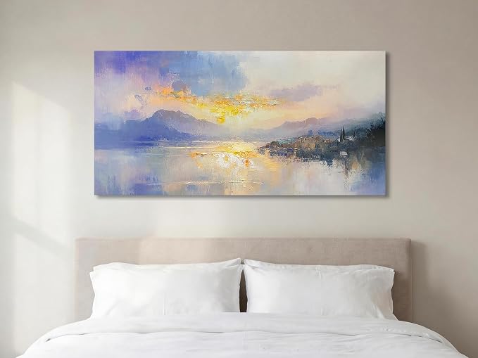 Ardemy Textured Sunset Landscape Canvas Wall Art Large 58"x29"- Serene Lake & Mountain Painting, Soft Purple Gold Toned Abstract Framed Artwork for Living Room Bedroom Home Office Wall Decor