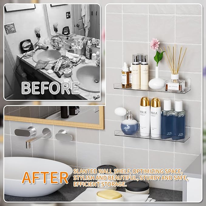 Yieach 2 Pack Acrylic Shelves for Wall Storage,No Drilling Adhesive Shelves,Clear Stick On Bathroom Wall Shelf Organizers,Plastic Floating Shelves for Perfume,Funko,Lego,Makeup,Book Shelf for Kids