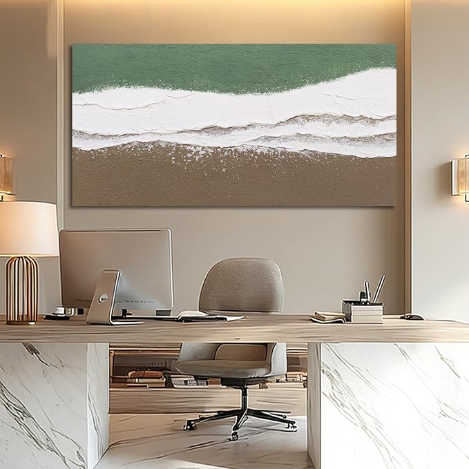 ZUNARE Abstract Green and White Wall Art Modern Canvas Painting with Soft Flowing Texture, Neutral Brown Tones Calming Artwork for Living Room Bedroom Kitchen Office Wall Decor 24"x48"
