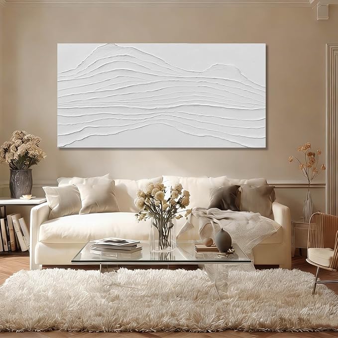 GAIDUOMAI White Canvas Wall Art Abstract Textured Painting Line Pictures Wall Decor Hand Painted Modern Wall Art for Living Room Dining Room Kitechen 24x48 Inch