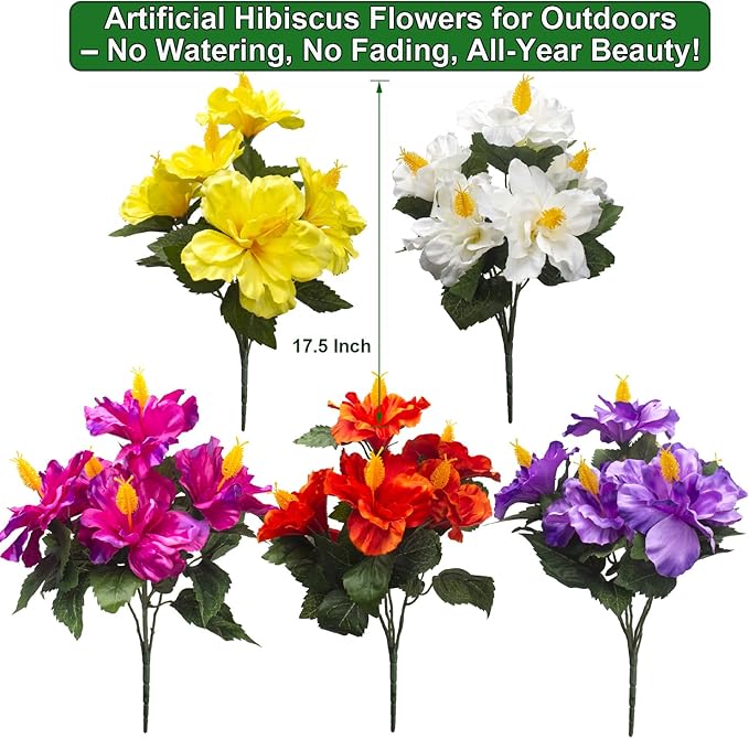 Grunyia Artificial Hibiscus Flowers 5 Bundles, UV Resistant Fake Tropical Flowers Realistic Silk Blooms for Outdoor Planter Garden Patio Porch Window Box Home Decor (Mix(5 Color))