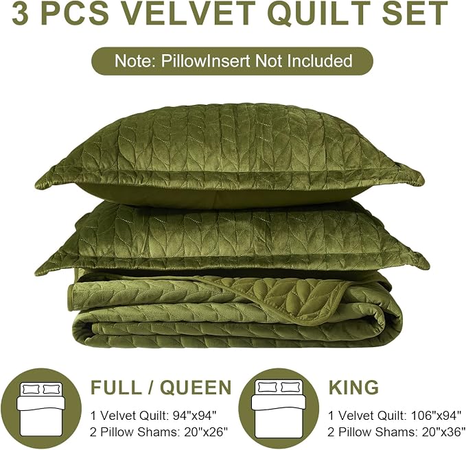 Ivellow Velvet Quilt King Size, Green Lightweight Bedspread Full Soft Reversible Coverlet for All Season 3Pcs Luxury Velvet Comforter with Brushed Microfiber Back Leaf Embroidered Quilted Bedding Set