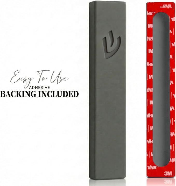 SURI Mezuzah for Door – 6 Inch Dark Gray Concrete Mezuzah Case with Printed Scroll, Self-Stick Jewish Entry Design, Fits a 5 Inch Scroll, Gift Box Included