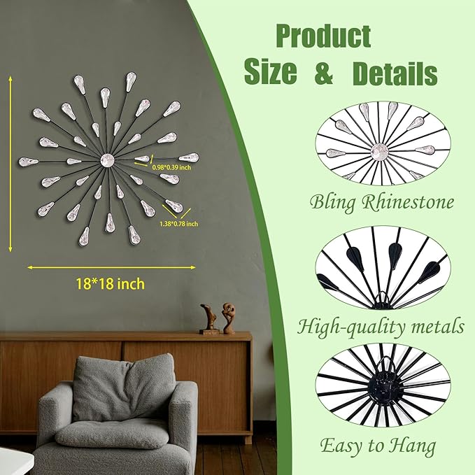 ZEXUIRU 3 Pack Black Sunburst Wall Decor – Metal Crystal Wall Art with Sparkling Rhinestones, 14’’/18 Inch Starburst Wall Hanging Set for Living Room Bedroom Bathroom – Modern Bling Home Decorations