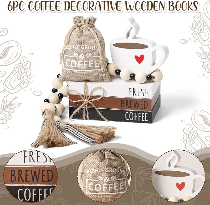 Coffee Bars Decor, 6 PCS Coffee Bar Decorations,Mini Wooden Book Stacks with Bead Garland, Coffees Bar Accessories for Tiered Tray,Table,Shelf,Rustic Farmhouse Home Decor