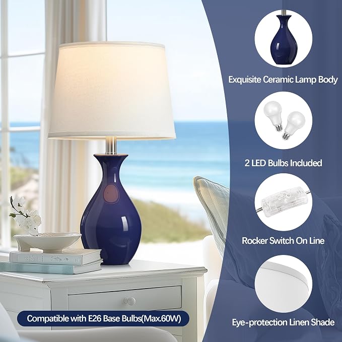 PARTPHONER Table Lamp Set of 2, Modern Ceramic Bedside Lamps for Night Stands, Classic Small Lamp Nightstand Lamp for Bedroom Living Room Desk End Table Rocker Navy Blue