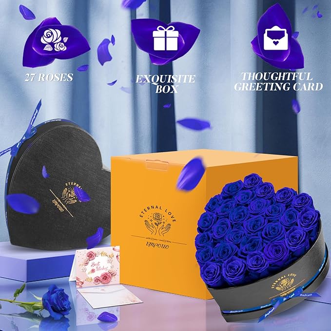 Impouo Preserved Rose in Heart Shape Box, 27 Forever Flowers, Eternal Roses, Birthday Gifts for Women, Wife, Her, Mother's Day, Blue