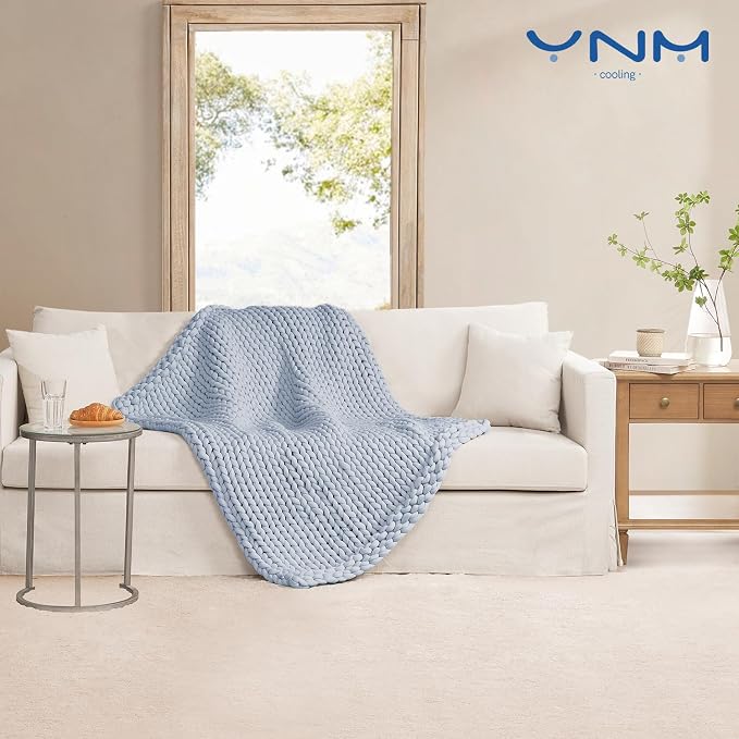 YnM Cooling Chunky Throw Blanket, Medium-Weight, Hand Knitted, Skin Friendly, Ventilated and Breathable, Machine Washable, Home Décor Piece for Couch, Sofa and Bed (Azure Blue, 50x70 Inch)