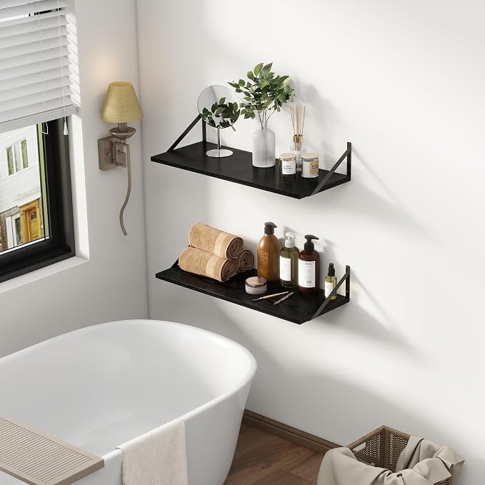 12 Inch Deep Floating Shelves, 30W x 12D Wall Shelves with Brackets, Black Floating Shelves 30 Inch Long, Rustic Wood Wall Shelf, Wide Storage Display Shelf for Kitchek, Living Room, Bathroom