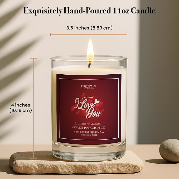 I Love You Surprise Candle with Diamond Inside | Foreverwick Candles | Scented Soy Candles Gifts for Women Anniversary Candle Wax | Romance Candles All-Natural Organic Soy Candle 14oz | 70h