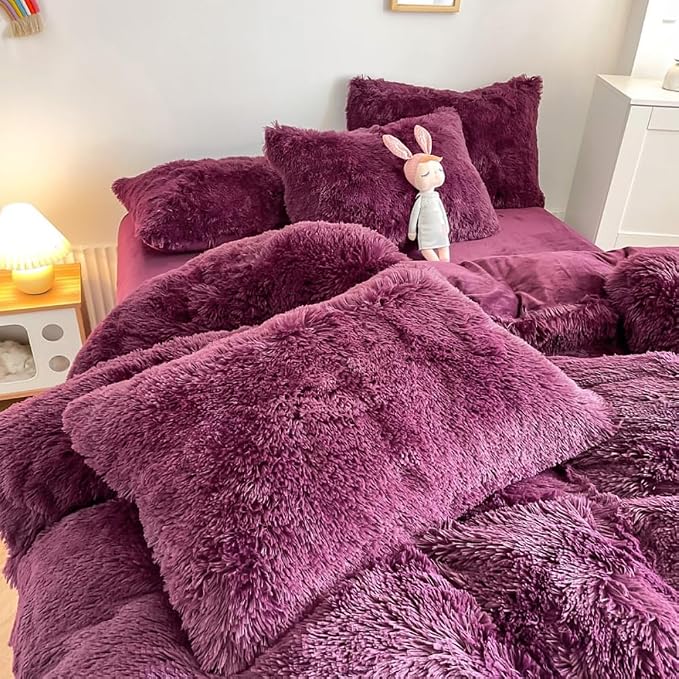chovy Faux Fur Plush Grape Purple Comforter Sets Twin - Ultra Soft Shaggy Flannel Velvet Fluffy Fuzzy 3PC Bedding Set （Comforter x 1 Pillowcases x 2）