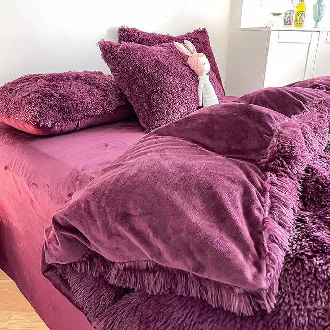 chovy Faux Fur Plush Grape Purple Comforter Sets Twin - Ultra Soft Shaggy Flannel Velvet Fluffy Fuzzy 3PC Bedding Set （Comforter x 1 Pillowcases x 2）