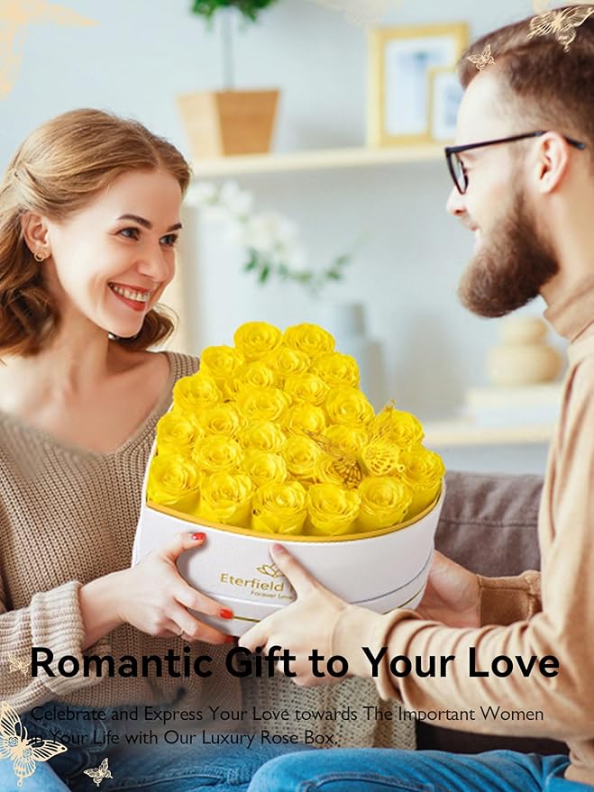 Eterfield 27 Forever Flowers in Heart Shape Box, Preserved Roses That Last a Year Preserved Flowers Birthday Gifts for Her Mom Women Wife Anniversary Valentines Day Mothers Day Christmas, Yellow