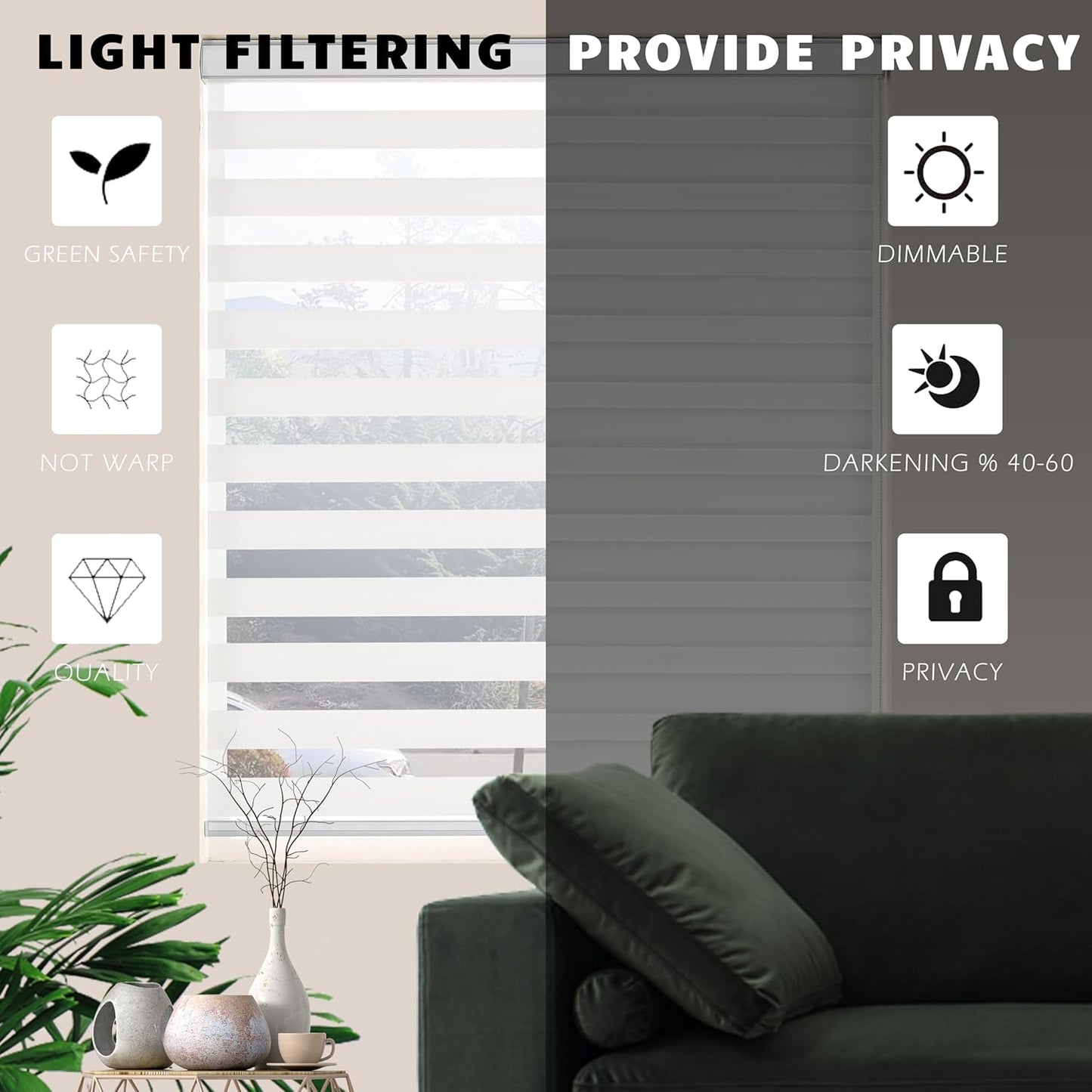 Zebra Shades for Windows Roller Blinds Windows Blinds Blackout Blinds Privacy Light Filtering Shades(Maximum Height 72inch, White Color, Width 39 inch)