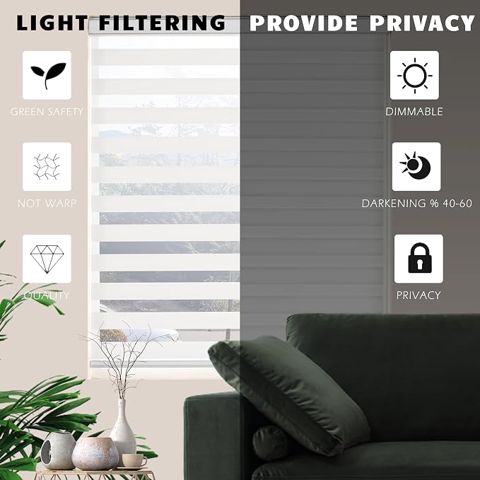 Zebra Roller Shades, Dual Layer Roll Up Blind for Living Room, Semi Sheer Shades Window Privacy Light Control for Day and Night, (Maximum Height 72inch, White Color, Width 26 inch)