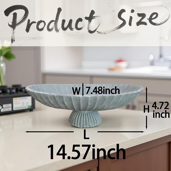 14.5" Large Decorative Long Bowl decor - Fluted Scalloped Decorative Bowls for Home Decor,Ruffle Decor,Stylish Key Bowl for Entry Table,Decorative Fruit Bowls for Kitchen Counter,artificial marble