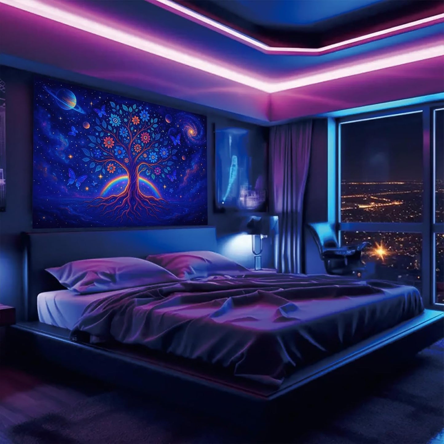 Starlit Patio Cosmic Tree Blacklight Tapestry UV Reactive Wall Hanging Rainbow Roots Flowers and Planets for Bedroom Dorm Living Room Glowing Spiritual Decor Fluorescent Trippy Poster 78 x 59 Inch