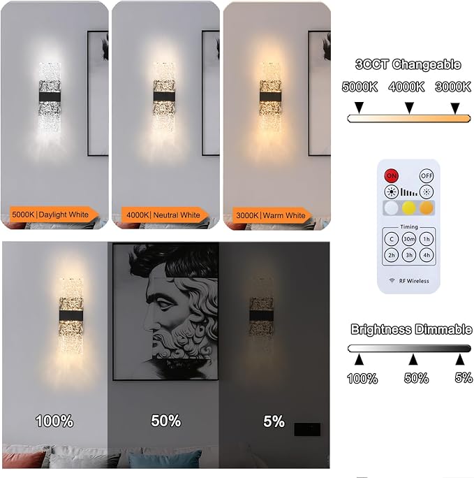 Modern Matte Black Battery Operated Wall Sconces Set of Two - Rechargeable LED Wall Lights with Acrylic Shade, Wireless Bedroom/Living Room Art Light Fixtures