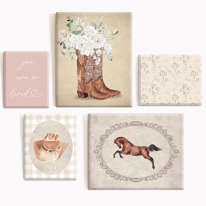 Cowgirl Nursery Wall Art Coquette Western Girl Poster Vintage Horse Floral Canvas Pictures Aesthetic Pink Preppy Room Wall Decor Rustic Cowgirl Prints for Girls Bedroom 8x10x5 Inch Framed